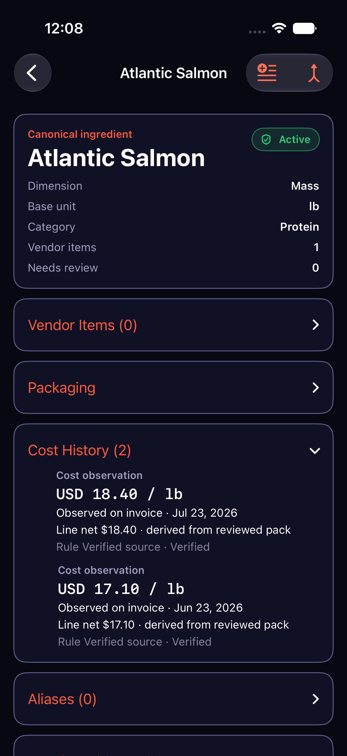 Salmon ingredient cost history: $17.10 to $18.40 per pound.