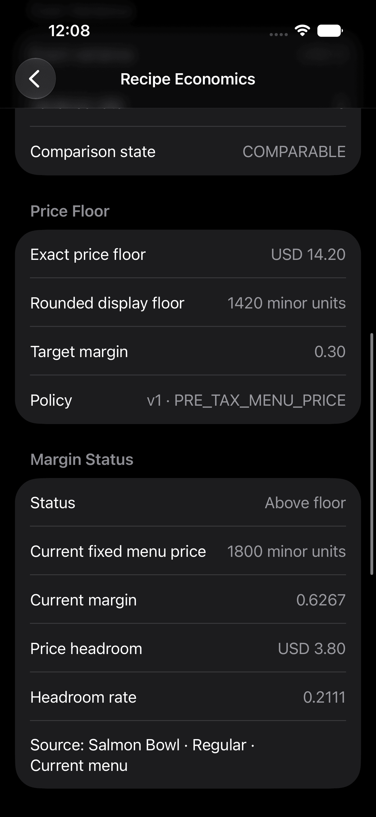 Salmon Bowl economics showing a $14.20 configured internal price floor and a menu price above that floor.