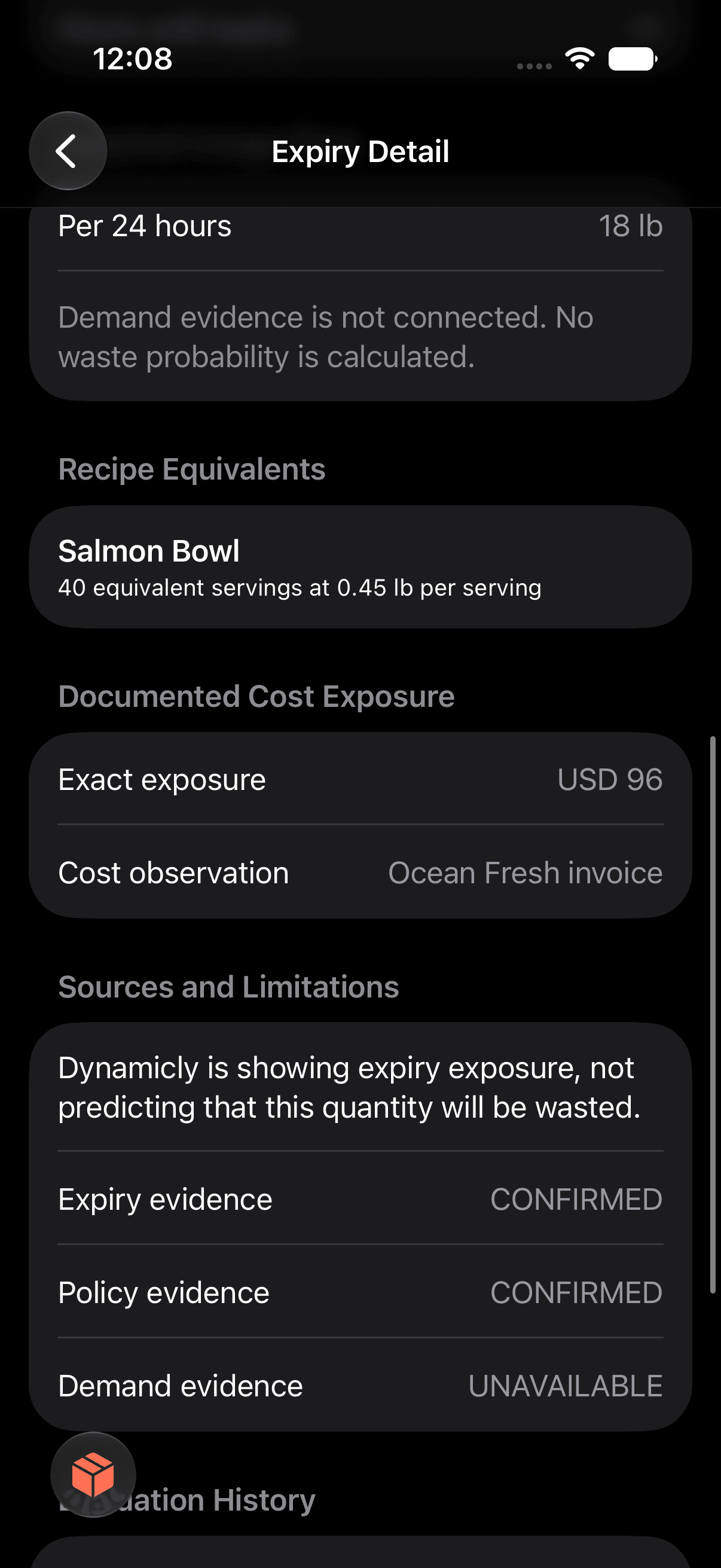 Inventory risk: 18 pounds of salmon and estimated exposure, not a measured loss.