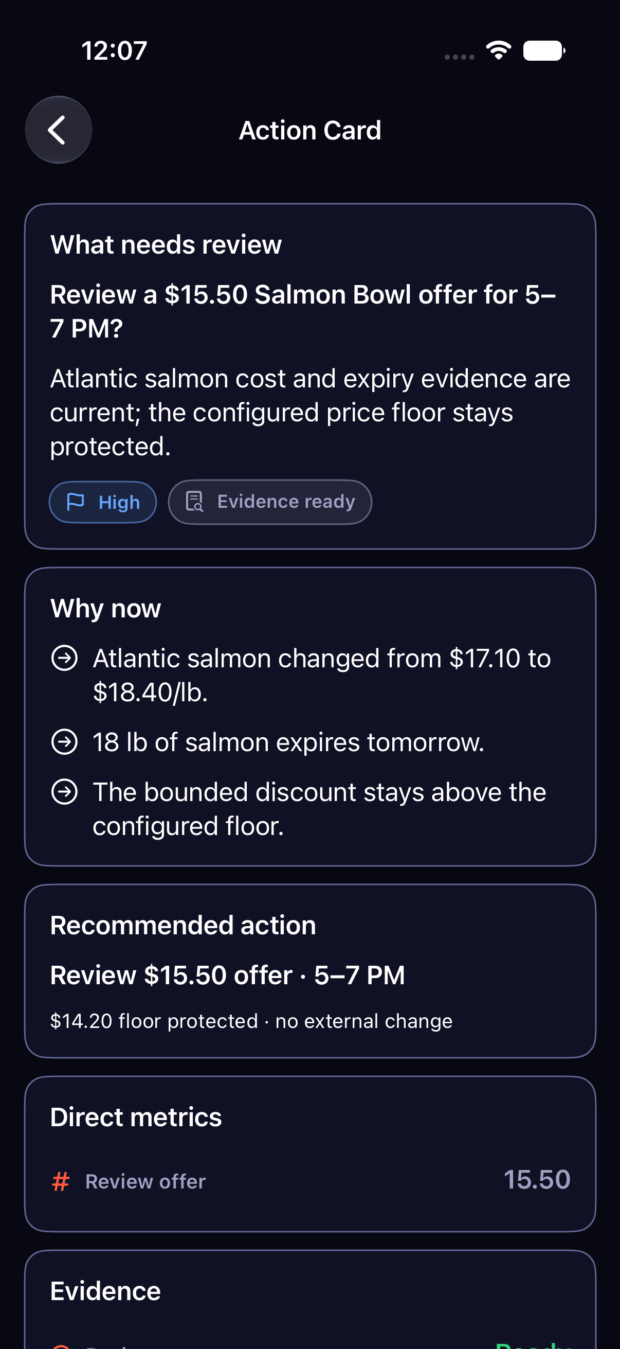 A proposed $15.50 offer for 5–7 PM, with a $14.20 floor and manager review required.