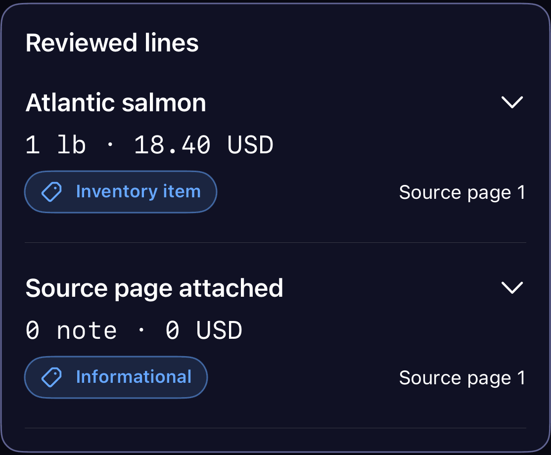Reviewed salmon line: 1 lb at $18.40, inventory item and source page attached. Invoice approval remains required.