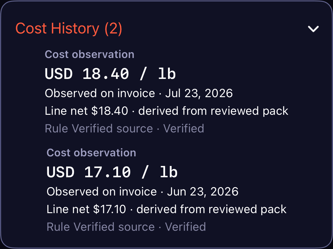 Cost history preserves the previous and current salmon cost and its source.